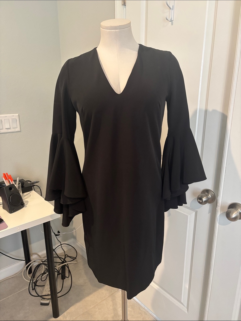 Milly Black V-Neck Layered Ruffle Sleeve Dress